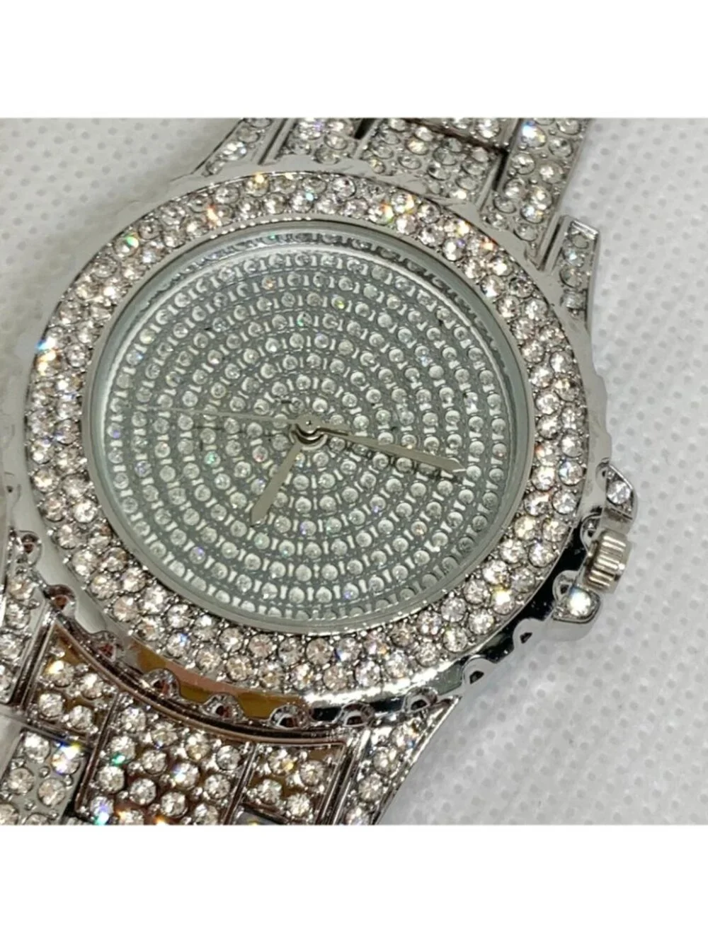 Men’s silver tone iced watch quartz analog 39mm rhinestones up to 8.5” running